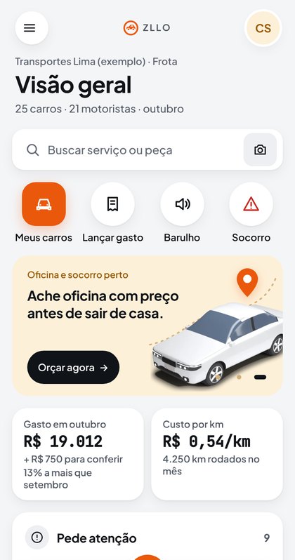 Tela da frota no app Zllo